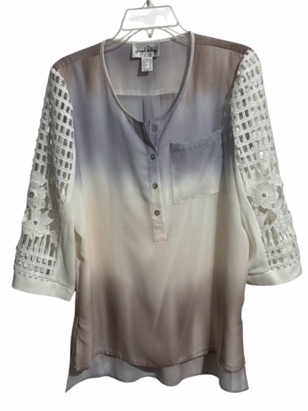 Joseph Ribkoff Tunic Top Laser Cut Out Button Down Blouse 6 Grey White Brown
